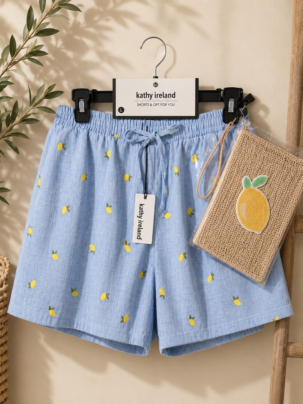 Kathy Ireland Lemon Print Shorts + Matching Wristlet Set NWT Size L